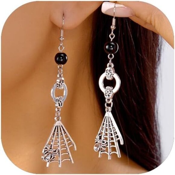 Women's Silver Halloween Skeleton Spider Pumpkin Party Ghost Dangle Earrings - Picture 1 of 7